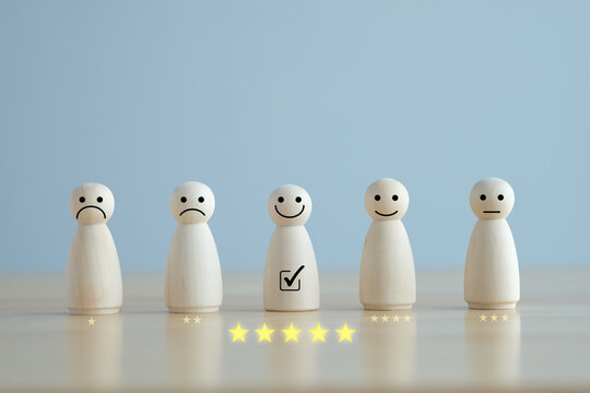Satisfaction, Feedback, World mental health day, Think positive, The best excellent business services rating customer experience concept. Tick for choose five stars and wooden figure with happy face.