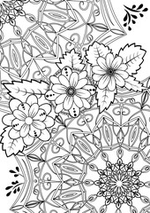 Coloring page. Two openwork mandalas joined by a bouquet of abstract flowers. Vector drawings with outline floral patterns for coloring. Simple patterns of spring plants and mandalas hand drawn.