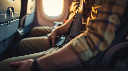 Close-up of man sitting in airplane seat and holding steering wheel