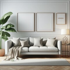 Fototapeta premium modern and elegant living room interior. A light grey, plush sofa adorned with several pillows and a throw blanket is the focal point of the room