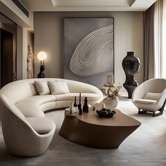 a living room with sculptural elegance. Picture statement furniture pieces that double as works of art