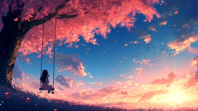 Lofi anime girl, sitting on a tree swing with beautiful spring scenery and soothing wind. seamless looping 4k time-lapse animated video background