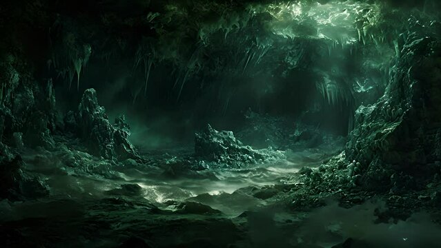 A dark mysterious cave system with eerie formations inhabited by a colony of small furry mammallike reptiles scurrying about.