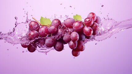 Grapes with water splash, isolated on purple background.