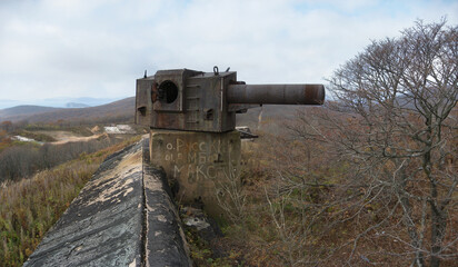 Old rusty coastal rangefinder on Vladivostok fortress Fort 10 artillery position fortification