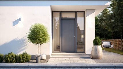 A house exterior with a garden in the background