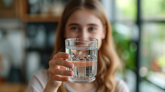 Caucasian woman holding a glass of clear water Smile for the camera.. Focus on a specific point. Close. The concept of good health. Take care of your skin to be beautiful and healthy.