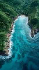 Obraz premium aerial view body deep surrounded green hills crashing waves tropical prints chalk cliff jungles young zoomed out