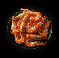 Boiled shrimps in a black bowl on a black background