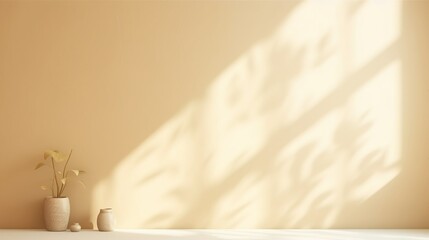 Minimalist interior with white vase on the floor with cream background and sunlight.