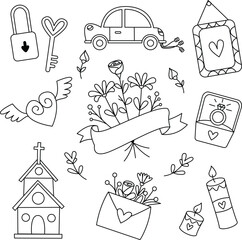 Set of hand drawn wedding doodle design element