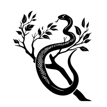 Coiled Snake On Tree Branch Logo Monochrome Design Style