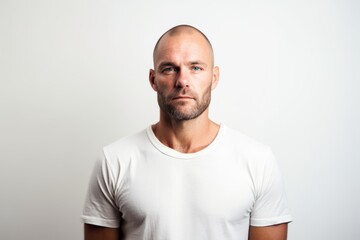 Portrait of a bald man in a white T-shirt.