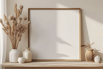 Wooden Poster Frame Mockup elegance in every detail, complemented by wall decor a vase with plants and leaves, wooden frame incorporates botanical accents, bathed in sunlight from the window
