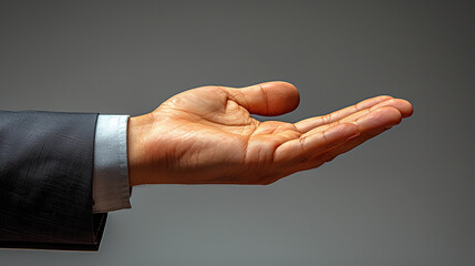 Male hands in a suit making a palm gesture on a gray background. concept of request