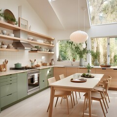 a kitchen that merges Scandinavian simplicity with sustainable design. Picture light wood cabinetry, energy-efficient appliances, and recycled materials