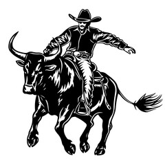 Cowboy Riding Bull Logo Monochrome Design Style