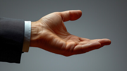 Male hands in a suit making a palm gesture on a gray background. concept of request