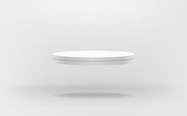 White and gray room with flying circle stage podium. Levitated stage platform and display for product presentation. Realistic 3d style. vector illustration.