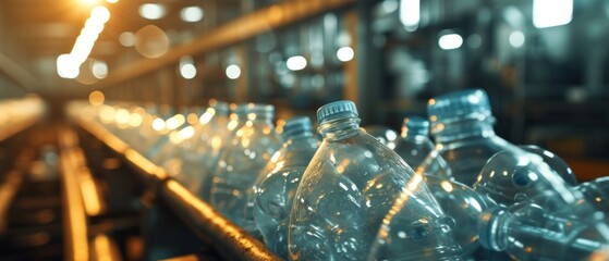 Conveyor belt with plastic recyclables on it in a facility, recycle and waste management concept.