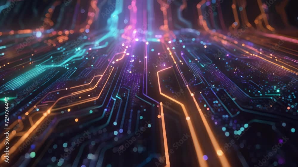 Poster interwoven lines and pathways of a circuit board converge and diverge in perfect synchronicity to th