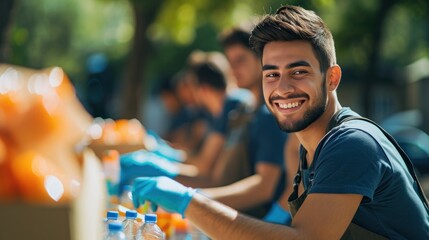 A male volunteer smiling while packing food and water bottle in a donation center.