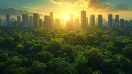 Sunset, casting a brilliant light over a dense urban forest fronting a modern cityscape, illustrating a blend of nature and urban life.
