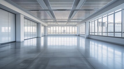 large room lot windows white floor endless empty office building loss horizontal symmetry video metal shutter virtual glossy reflective