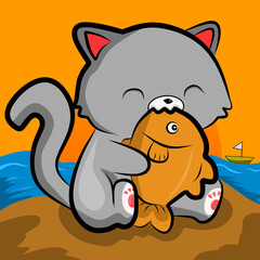 cartoon cat eating fish on the beach for the book cover