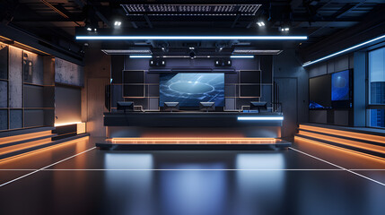 3D rendering of a futuristic reception desk in a dark studio interior