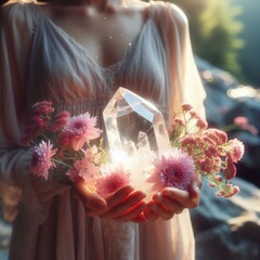 person holding a large, clear crystal in their hands. The crystal is resting on a bed of pink flowers, giving it an ethereal and magical appearance.