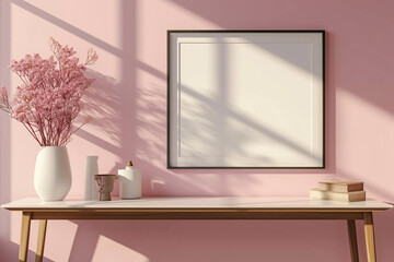 Wooden Poster Frame Mockup elegance in every detail, complemented by wall decor a vase with plants and leaves, wooden frame incorporates botanical accents, bathed in sunlight from the window
