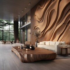 a retreat where sculptural wooden elements take center stage. Picture wooden accent walls, furniture with clean lines, and artistic wooden installations