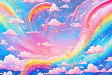 Fototapeta na wymiar multi colorful clouds painting with unicorn flying below nd upper the clouds abstract background 