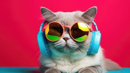 A cool cat in a stylish image, wearing sunglasses, listening to music in wireless headphones on a bright, colorful background.