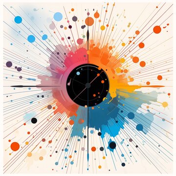 brightly colored clock black face hands generative nebula illustration explosion squared border focus map interconnections color charts