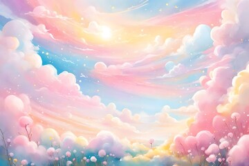 multi colorful clouds painting  with unicorn flying below nd upper the clouds abstract background  - obrazy, fototapety, plakaty
