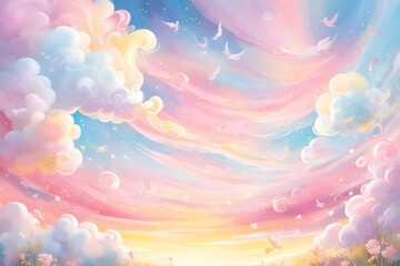 multi colorful clouds painting  with unicorn flying below nd upper the clouds abstract background  - obrazy, fototapety, plakaty