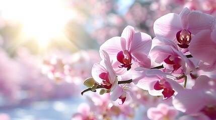 Sunlit Phalaenopsis Orchids Against Pink Blossoms - obrazy, fototapety, plakaty