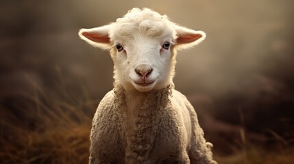 Obraz premium A little lamb is standing in a field. Agricultural industry.