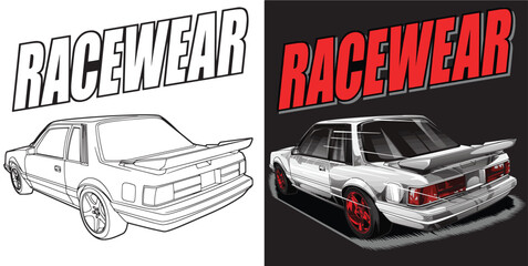 Outline and painted racing car. Isolated in black background, for t-shirt design, print, and for business purposes. © wendy