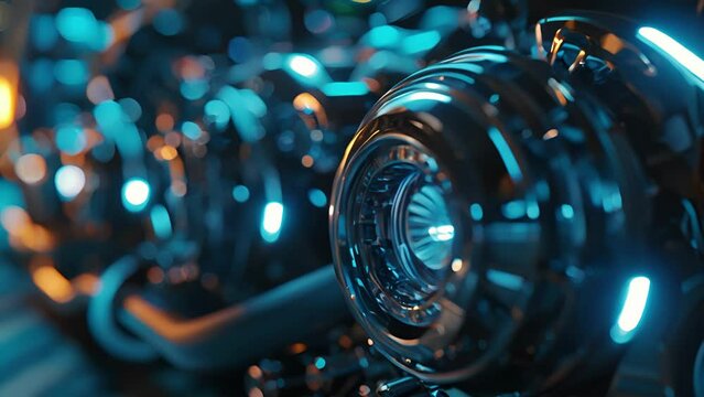 The camera moves in close on a neon blue bulb amplifying the shine on the engines polished surfaces and creating a futuristic feel.
