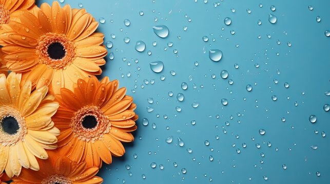 Orange gerbera flowers with water drops on blue background, top view