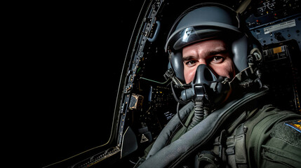 Fototapeta premium Close-up of fighter jet pilot. In the heart of the action, the pilot's eyes reveal a calm amidst the chaos, a testament to their training. Photo with copy space.