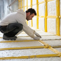 Worker laying parquet flooring in a building construction site.