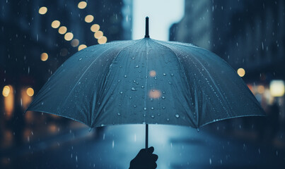Person holds umbrella under rain on dark background, close up, copy space