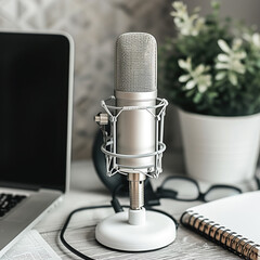A bright, clean image suitable for stock photography, featuring a podcasting microphone with a pop filter on a minimalist desk