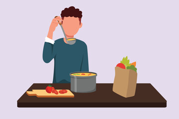 People cooking concept on kitchen table. Colored flat vector illustration isolated.	