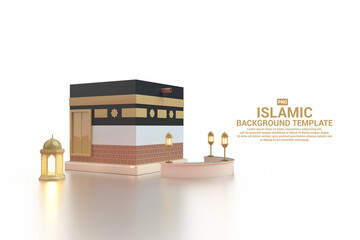 Eid Hajj or Eid Al-Adha Mubarak Illustration Template with 3D Kabah (Mosque of Mecca) and Islamic Lantern perfect for Background, Invitation or Greeting Cards, etc.