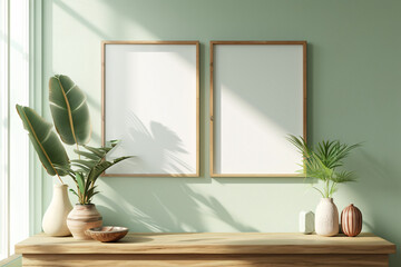 Two Wooden Poster Frame Mockup elegance in every detail, complemented by wall decor a vase with plants and leaves, wooden frame incorporates botanical accents, bathed in sunlight from the window

